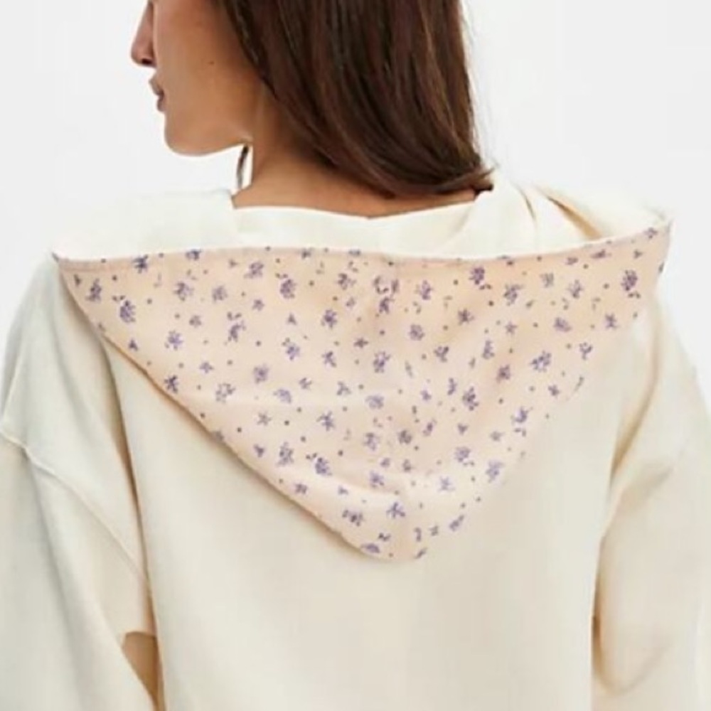 Free People Headscarf Hoodie mixed material scarf crème w blue floral sweatshirt